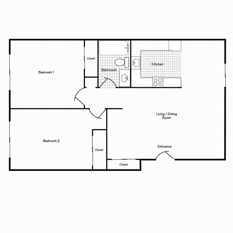 Floor plan for 2 beds, 1 bath, 763 sqft